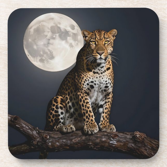 Majestic Leopard and Full Moon   Beverage Coaster (Front)