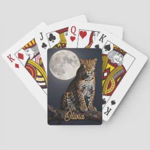 Majestic Leopard and Full Moon Personalized Poker Cards