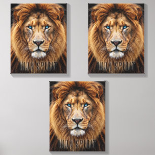 Majestic Lion Face with Blue Eyes   Wildlife Anima Canvas Photo Tile