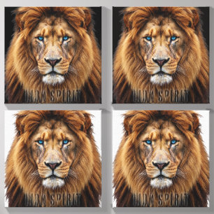 Majestic Lion Face with Blue Eyes   Wildlife Anima Canvas Photo Tile