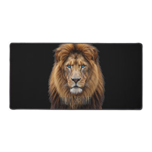 Majestic Lion Face with Blue Eyes | Wildlife Anima Desk Mat