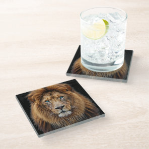 Majestic Lion Face with Blue Eyes | Wildlife Anima Glass Coaster