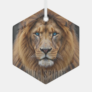 Majestic Lion Face with Blue Eyes   Wildlife Anima Glass Ornament