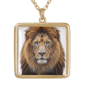 Majestic Lion Face with Blue Eyes | Wildlife Anima Gold Plated Necklace