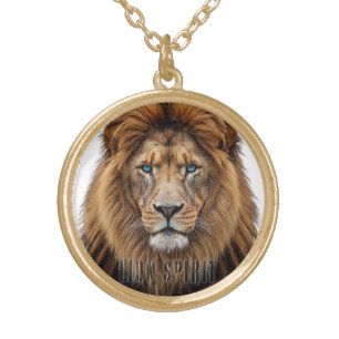 Majestic Lion Face with Blue Eyes Wildlife Anima Gold Plated Necklace