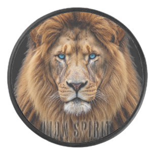 Majestic Lion Face with Blue Eyes   Wildlife Anima Hockey Puck