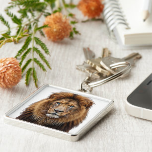Majestic Lion Face with Blue Eyes   Wildlife Anima Keychain
