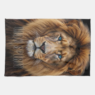 Majestic Lion Face with Blue Eyes Wildlife Anima Kitchen Towel