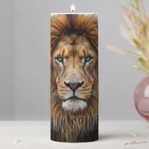 Majestic Lion Face with Blue Eyes | Wildlife Anima Pillar Candle