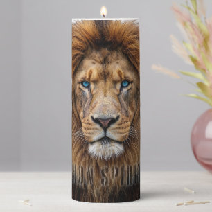 Majestic Lion Face with Blue Eyes   Wildlife Anima Pillar Candle