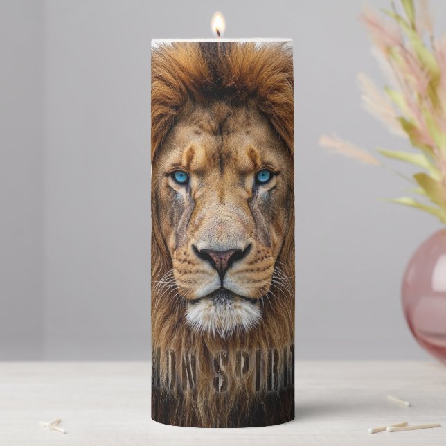 Majestic Lion Face with Blue Eyes | Wildlife Anima Pillar Candle (In Situ)