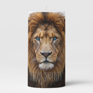 Majestic Lion Face with Blue Eyes   Wildlife Anima Pillar Candle