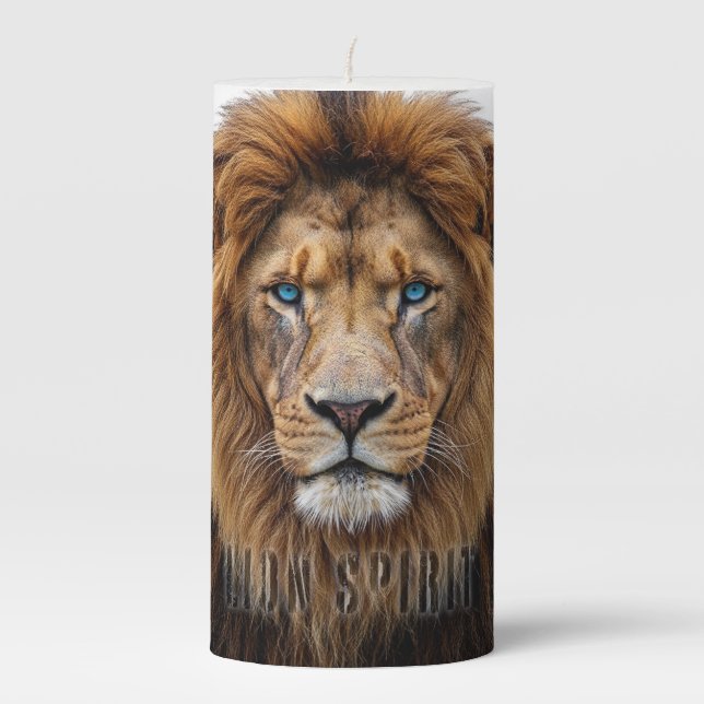 Majestic Lion Face with Blue Eyes | Wildlife Anima Pillar Candle (Front)