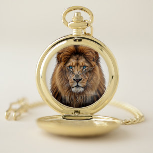 Majestic Lion Face with Blue Eyes Wildlife Anima Pocket Watch