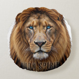 Majestic Lion Face with Blue Eyes Wildlife Anima Round Pillow