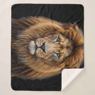 Majestic Lion Face with Blue Eyes   Wildlife Anima Sherpa Blanket