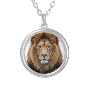 Majestic Lion Face with Blue Eyes | Wildlife Anima Silver Plated Necklace