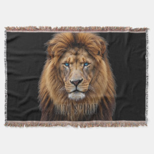 Majestic Lion Face with Blue Eyes   Wildlife Anima Throw Blanket