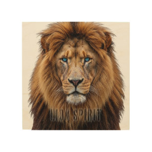 Majestic Lion Face with Blue Eyes Wildlife Anima Wood Wall Art