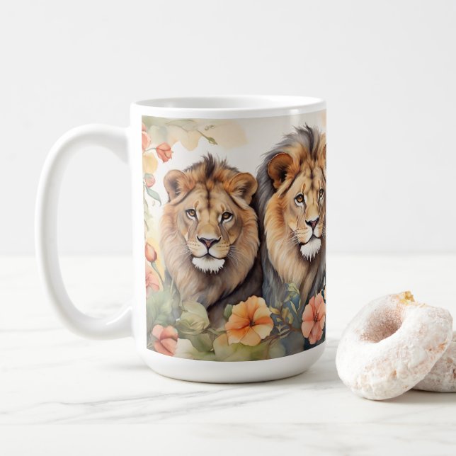 Majestic Lion & Floral Watercolor Art Print  Coffee Mug (With Donut)