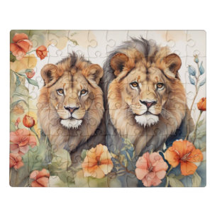 Majestic Lion & Floral Watercolor Art Print Jigsaw Puzzle
