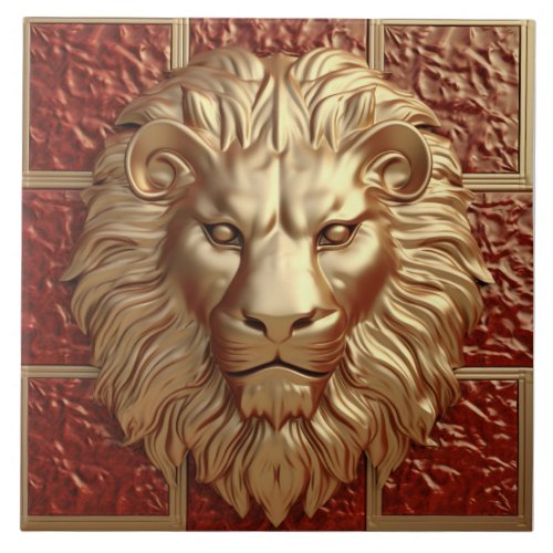 Majestic Lion Head with Golden Border Ceramic Tile