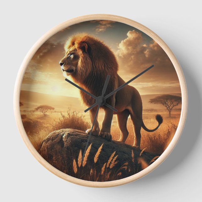 majestic lion proudly stands on a rock clock (Front)