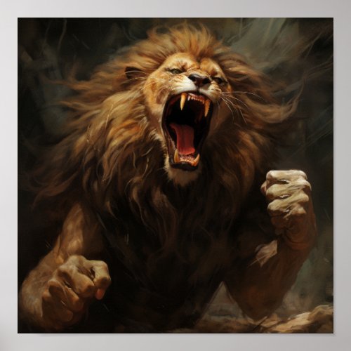 Majestic Lion Roaring and Raising its Powerful Fis Poster