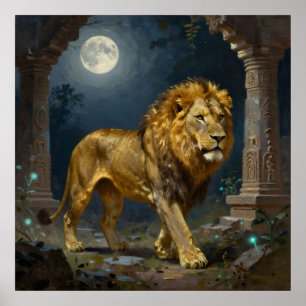 Majestic Lion Strolling under the Moonlight Poster
