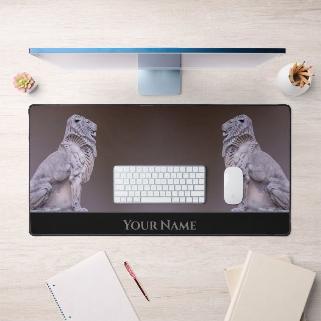 Majestic lions as elegant stone statues guardians desk mat (Office 1)