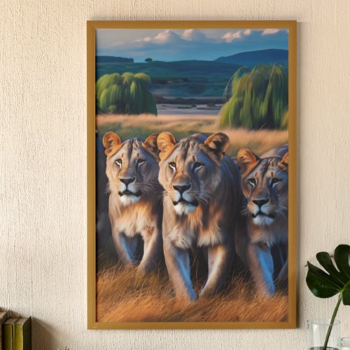 Majestic Lions Roaming Through Verdant Field Poster