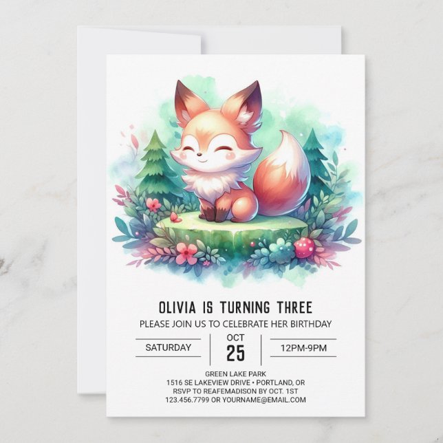 Majestic Little Fox Birthday digital Invitation (Front)