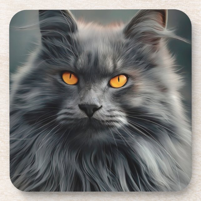 Majestic Long-Haired Cat Portrait Design Beverage Coaster (Front)