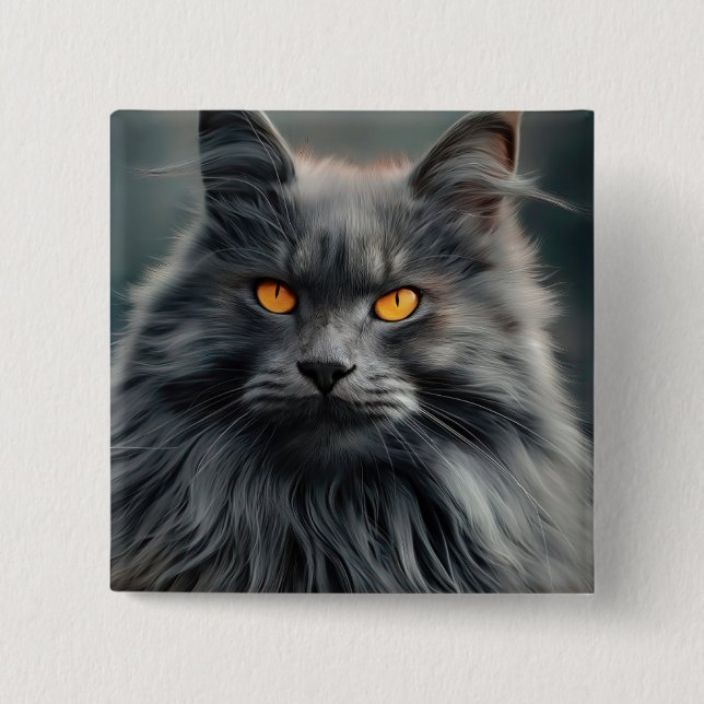 Majestic Long-Haired Cat Portrait Design Button (Front)