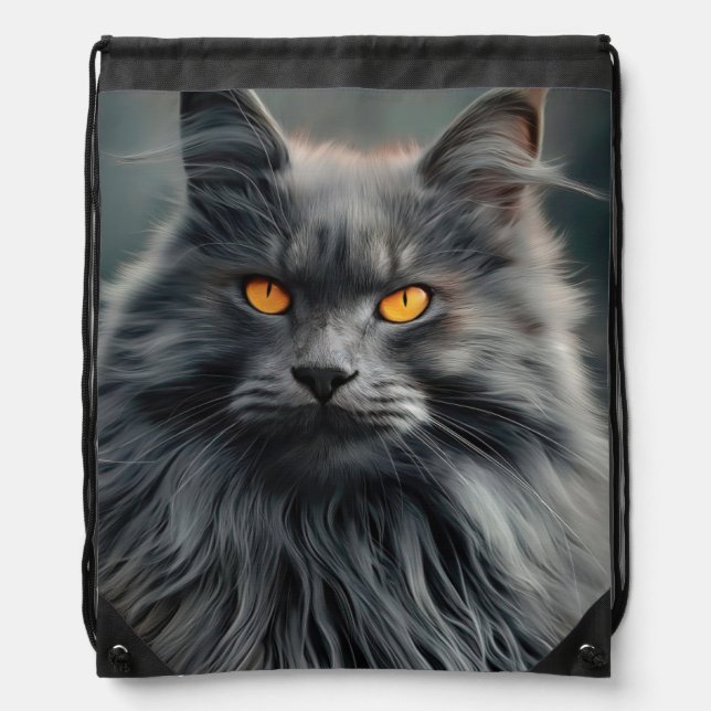 Majestic Long-Haired Cat Portrait Design Drawstring Bag (Front)