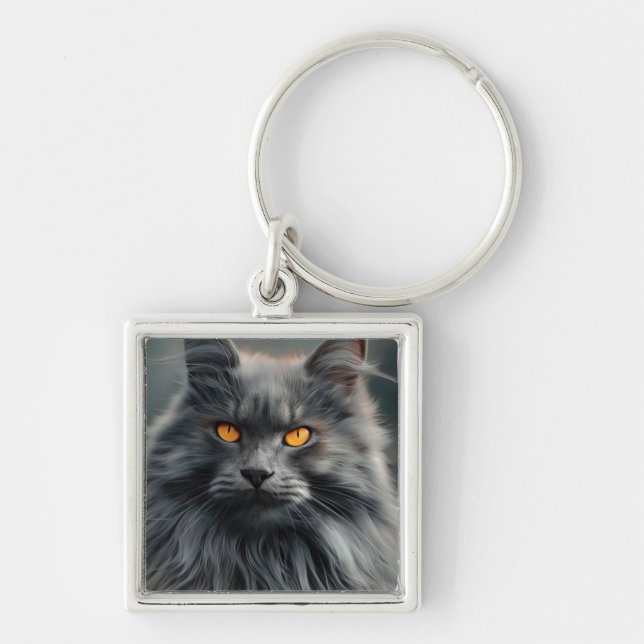Majestic Long-Haired Cat Portrait Design Keychain (Front)