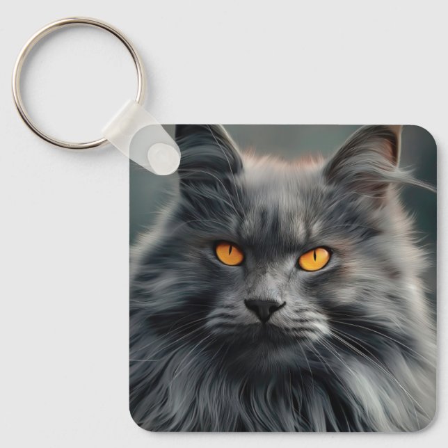 Majestic Long-Haired Cat Portrait Design Keychain (Front)