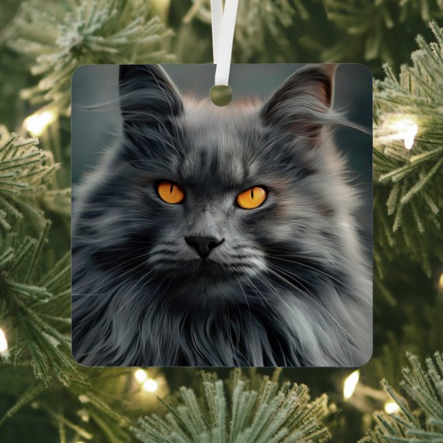 Majestic Long-Haired Cat Portrait Design Metal Ornament (Insitu)