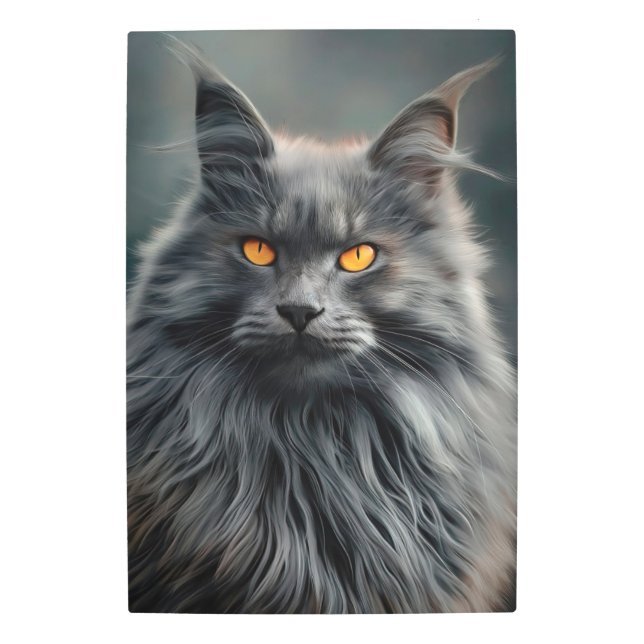 Majestic Long-Haired Cat Portrait Design Metal Print (Front)
