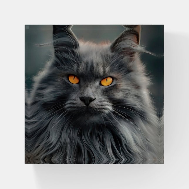 Majestic Long-Haired Cat Portrait Design Paperweight (Front)