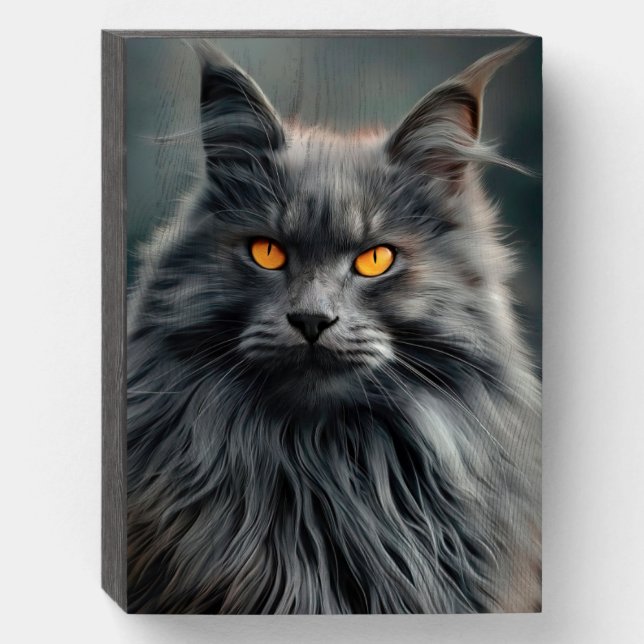 Majestic Long-Haired Cat Portrait Design Wooden Box Sign (Front Vertical)