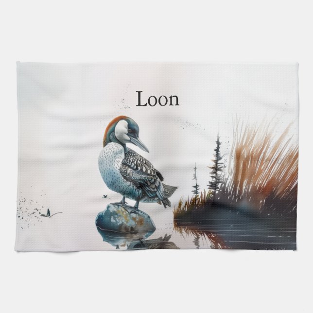 Majestic Loon on a Rock, custom Kitchen Towel (Horizontal)