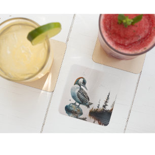 Majestic Loon on a Rock Square Paper Coaster