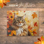 Majestic Maine Coon with Fall Leaves and Sunflower Jigsaw Puzzle