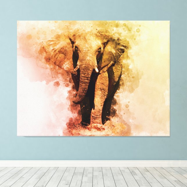 Majestic Male African Elephant Walking Watercolor Canvas Print (Insitu(Wood Floor))