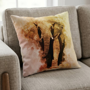 Majestic Male African Elephant Walking Watercolor Throw Pillow