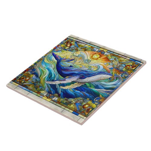 Majestic Marine Mosaic A Stained Glass Whale Ceramic Tile