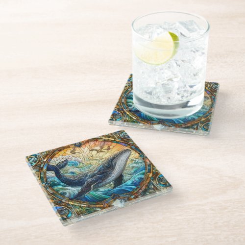 Majestic Marine Mosaic A Stained Glass Whale Glass Coaster