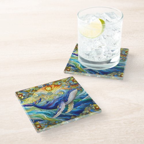 Majestic Marine Mosaic A Stained Glass Whale Glass Coaster