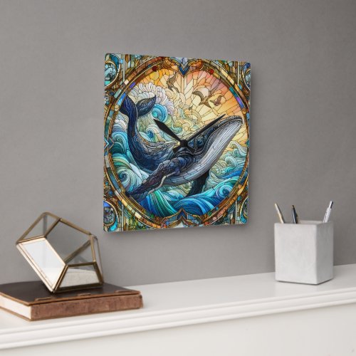 Majestic Marine Mosaic A Stained Glass Whale Square Wall Clock